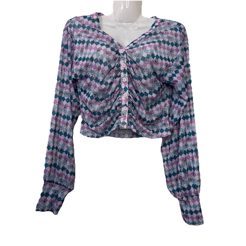 Urban Outfitters Y2K Mesh Cropped Ruched Button Up Top Womens Medium Purple Blue
